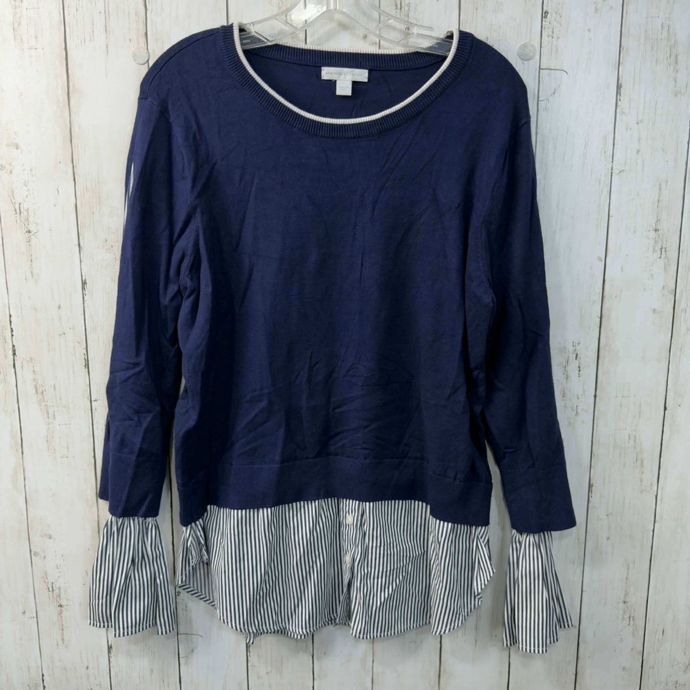 New York and Company Women's Navy Layered Stripe Cuff Sweater Top Size L